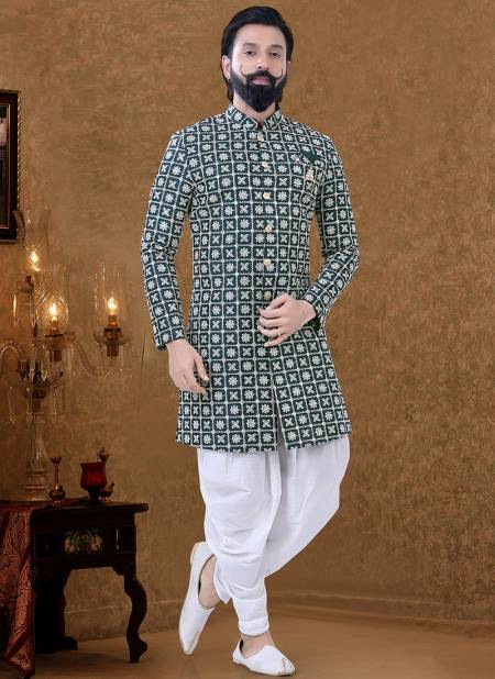 Dark Green Colour Printed Ethnic Wear Cotton Mens Indo Western Collection KS 1562